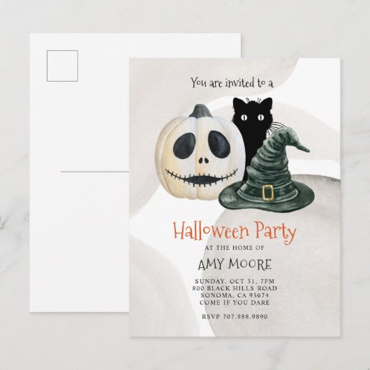 Enge Gotische Pompoen Witch Pet Halloween Uitnodiging Briefkaart (Voorkant / Achterkant)