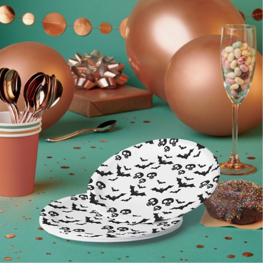Enge grappige zwarte schedel en vleermuizen papieren bordje (Multi)