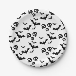 Enge grappige zwarte schedel en vleermuizen papieren bordje