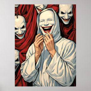 Enge grijnzende gemaskerde sektefiguren Horror Pop Poster