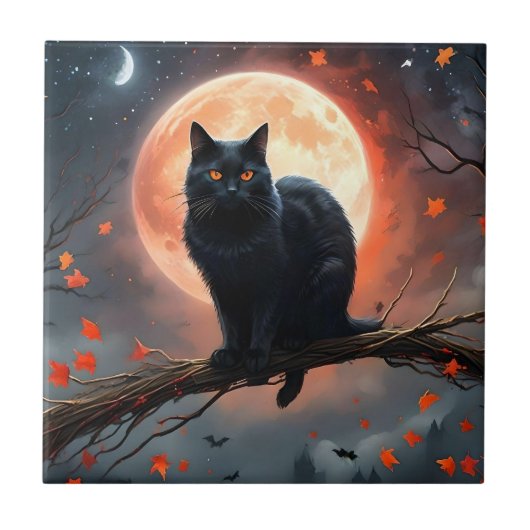 Enge Halloween Black Cat maanlicht, Tegeltje (Voorkant)