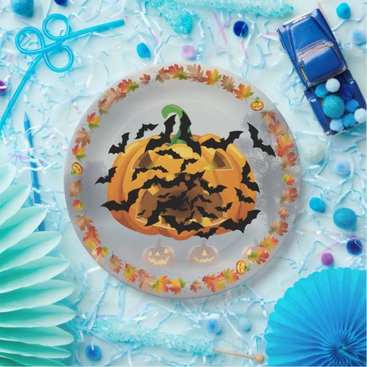 Enge Halloween pompoen met vleermuizen Papieren Bordje (Feest)