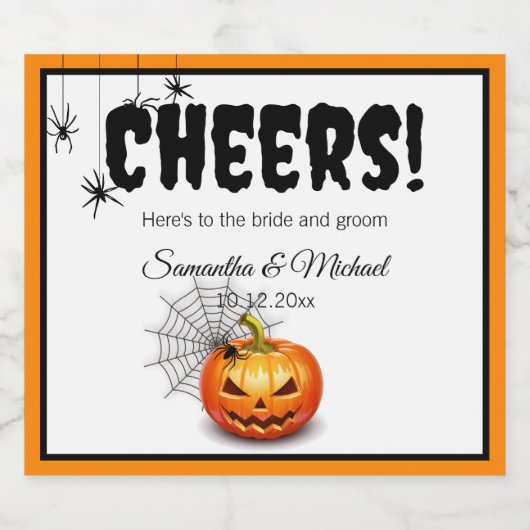 Enge Halloween pompoen spin bruiloft Sparkling Wijnetiket (Enkel label)