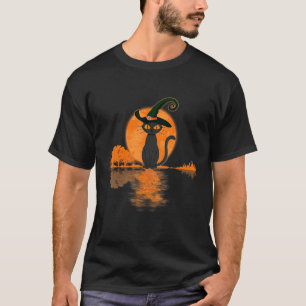 Enge Halloween Zwarte Kat Heksenhoed en Maan Kat T-shirt