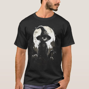 Enge Halloween Zwarte Kat Kostuum Heksenhoed Maan T-shirt