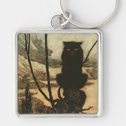 Enge Halloween Zwarte Kat Vintage Rackham Sleutelhanger (Voorkant)