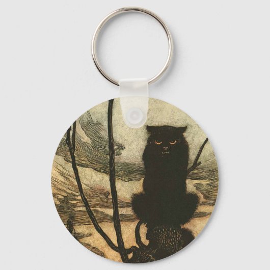 Enge Halloween Zwarte Kat Vintage Rackham Sleutelhanger (Voorkant)
