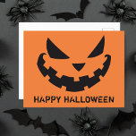 Enge Jack O Lantern Custom Sinaasappel Happy Hallo Briefkaart<br><div class="desc">Dit spooky oranje Halloween briefkaart heeft een coole lachende Jack O Lantern en je eigen gepersonaliseerde tekst. Schattigee en enge aangepaste briefkaarten.</div>