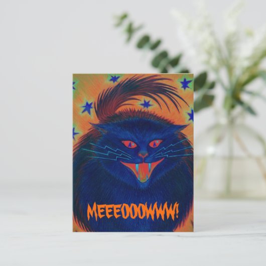 Enge kat blauw 'MEEOOOWWW!' briefkaart (Staand voorkant)