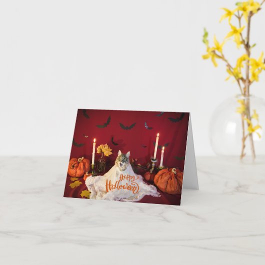 Enge kat in Grappig Halloween kostuum Kaart (Gele Bloem)