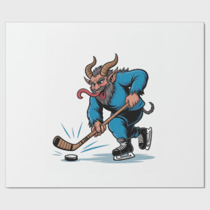 Enge Krampus die ijshockey speelt met Kerstmis Cadeaupapier