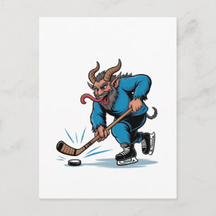 Enge Krampus die ijshockey speelt met Kerstmis Feestdagenkaart