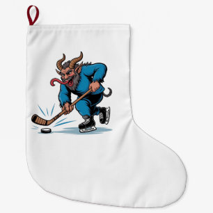 Enge Krampus die ijshockey speelt met Kerstmis Grote Kerstsok