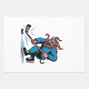 Enge Krampus die ijshockey speelt met Kerstmis Inpakpapier Vel