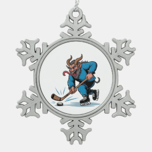 Enge Krampus die ijshockey speelt met Kerstmis Tin Sneeuwvlok Ornament