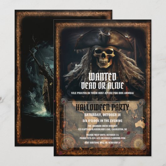 Enge Pirate Schedel Zwart Halloween Feest Kaart (Voorkant / Achterkant)