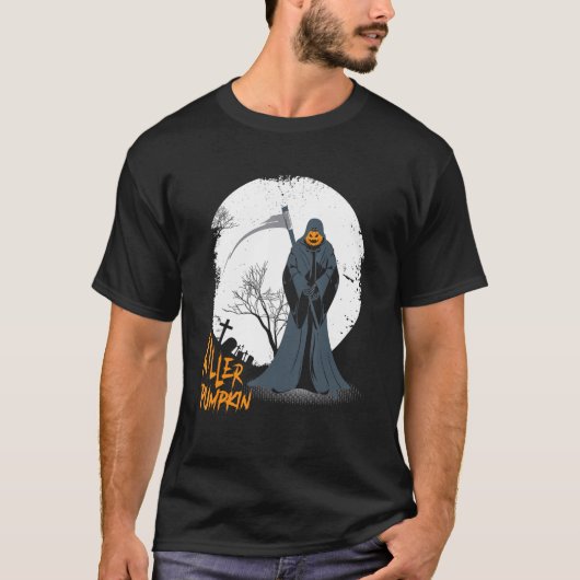 Enge pompoen gezicht Jack O' Lantern Grim Reaper H T-shirt (Voorkant)