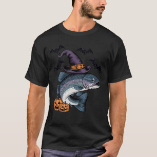 Enge pompoen vleermuis heks forel vis Halloween Ko T-shirt