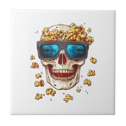 Enge Popcorn Schedel � Grappige Horrorfilm Skelet Tegeltje (Voorkant)