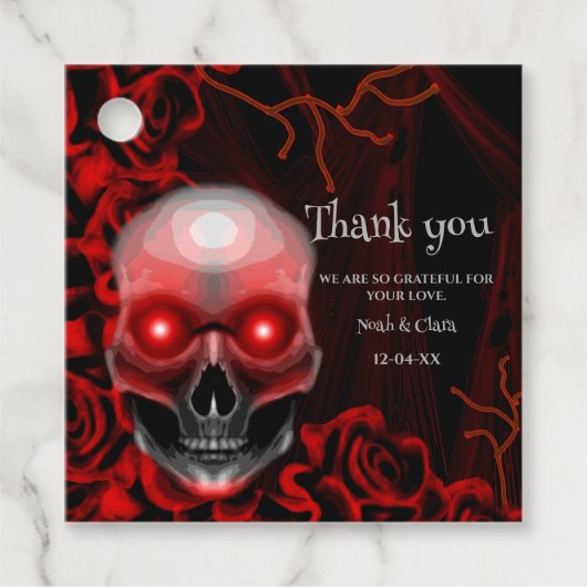 Enge rode bloemendonkere humeurige gothic schedel  bedankjes labels (Voorkant)