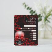 Enge rode bloemendonkere humeurige gothic schedel  RSVP kaartje (Staand voorkant)