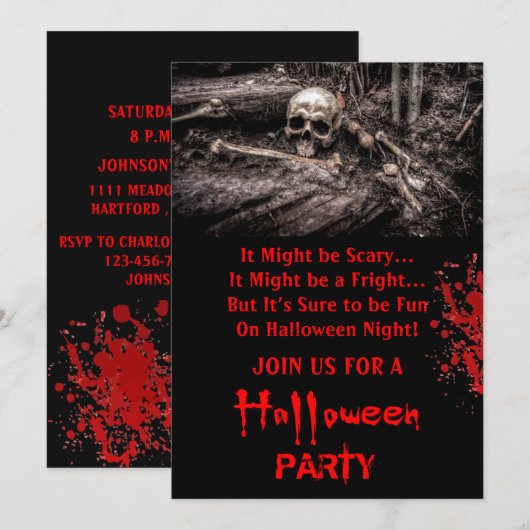 Enge Schedel en Botten Halloween Feest Kaart (Voorkant / Achterkant)