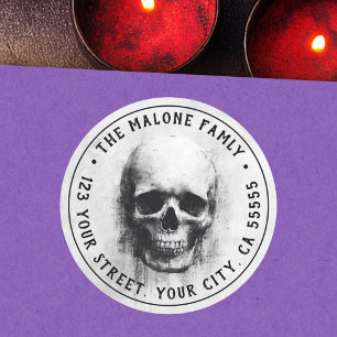 Enge schedel Halloween retouradres Ronde Sticker
