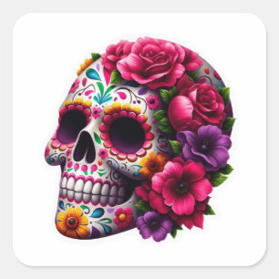 ENGE SCHEDEL MET LEVENDE BLOEMEN VIERKANTE STICKER