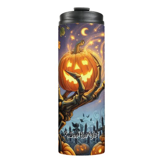 Enge Skelet Hand Holding Pompoen Thermosbeker (Voorkant)