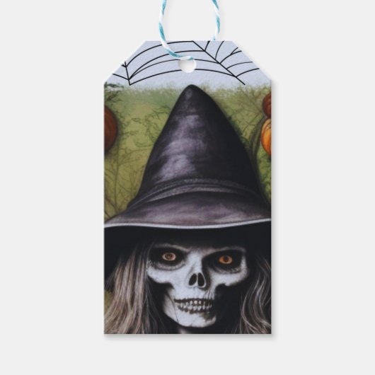 Enge Skelet Heks voor een griezelig Halloween Fees Cadeaulabel (Voorkant)
