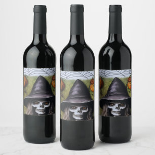 Enge Skelet Heks voor een griezelig Halloween Fees Wijn Etiket