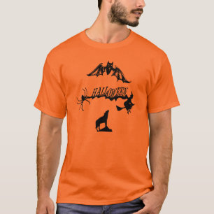 Enge Spider Bat Wolf Witch op bezem Halloween T-shirt