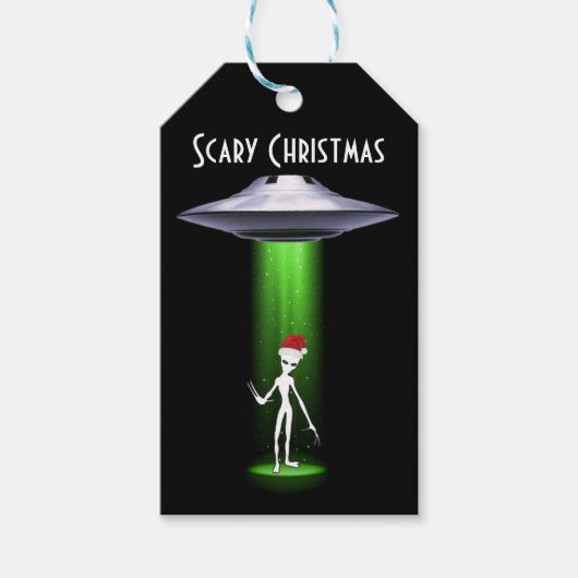 Enge UFO Kerst Alien Wit Groene Beam Cadeaulabel (Voorkant)