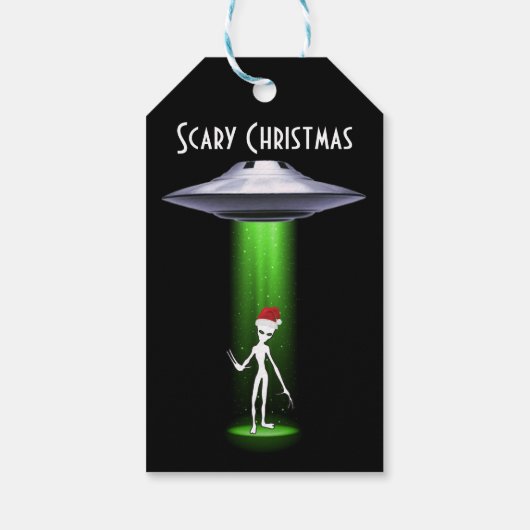 Enge UFO Kerst Alien Wit Groene Beam Cadeaulabel (Achterkant)