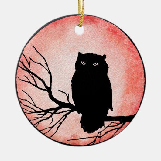 Enge  Uil met Blood Red Waterverf Moon Keramisch Ornament (Voorkant)