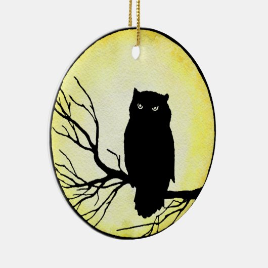 Enge  Uil met Gele Waterverf Moon Keramisch Ornament (Rechts)