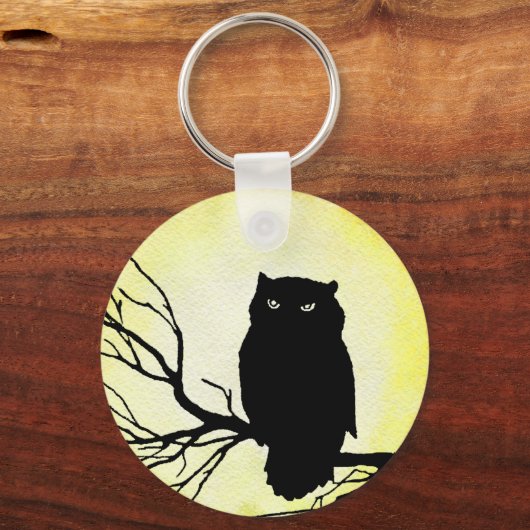 Enge  Uil met Gele Waterverf Moon Sleutelhanger (Achterkant)