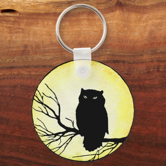 Enge  Uil met Gele Waterverf Moon Sleutelhanger (Voorkant)