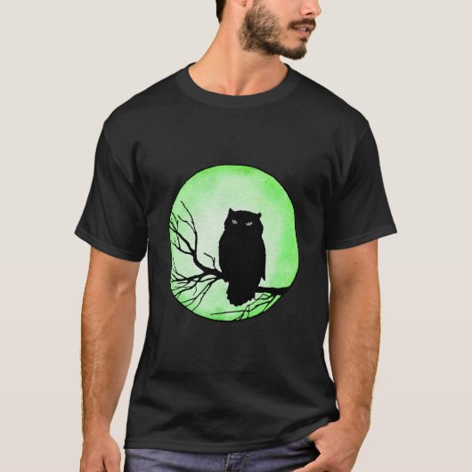 Enge  Uil met Groene Waterverf Maan T-shirt (Voorkant)