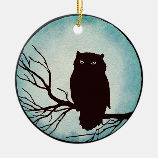 Enge  Uil met Spooky Blue Waterverf Moon Keramisch Ornament (Voorkant)
