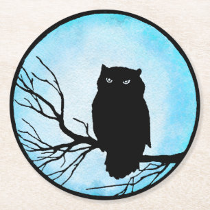 Enge  Uil met Zilveren Blauwe Waterverf Ronde Kartonnen Onderzetter