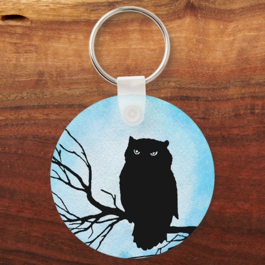 Enge  Uil met Zilveren Blauwe Waterverf Sleutelhanger (Achterkant)