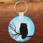 Enge  Uil met Zilveren Blauwe Waterverf Sleutelhanger (Voorkant)