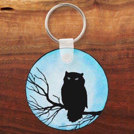 Enge  Uil met Zilveren Blauwe Waterverf Sleutelhanger (Voorkant)