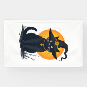 Enge vintage zwarte kat met heksenhoed Vollemaan - Spandoek