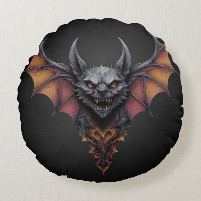 Enge Vleermuis Inkt Tekening, Rond Kussen (Voorkant)