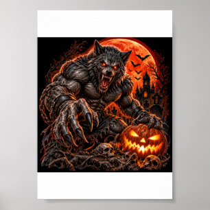 Enge weerwolf & brandende pompoen – Halloween voor Poster