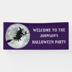 Enge Zwarte Heks en Kat Halloween Feest Spandoek