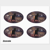 Enge zwarte kat en schedel Gelukkige Verjaardag Ovale Sticker (Vel)