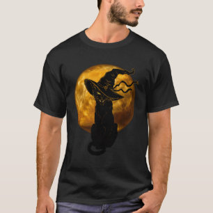 Enge zwarte kat met heks Pet Volle Maan - T-shirt